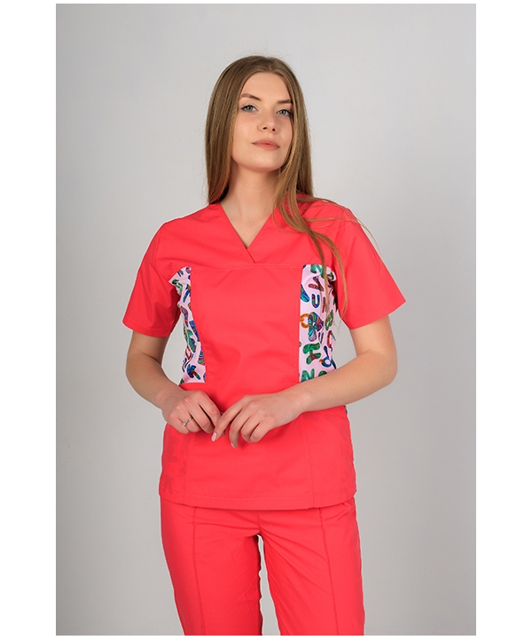 Блуза MedLife Uniforms Глорія з V-подібною шиєю та бічними вставками з принтом
